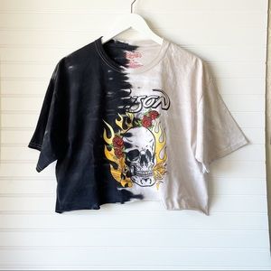 Poison Skull Flame Logo Band Short Sleeve Cropped Tee Tie Dye Size Large EUC